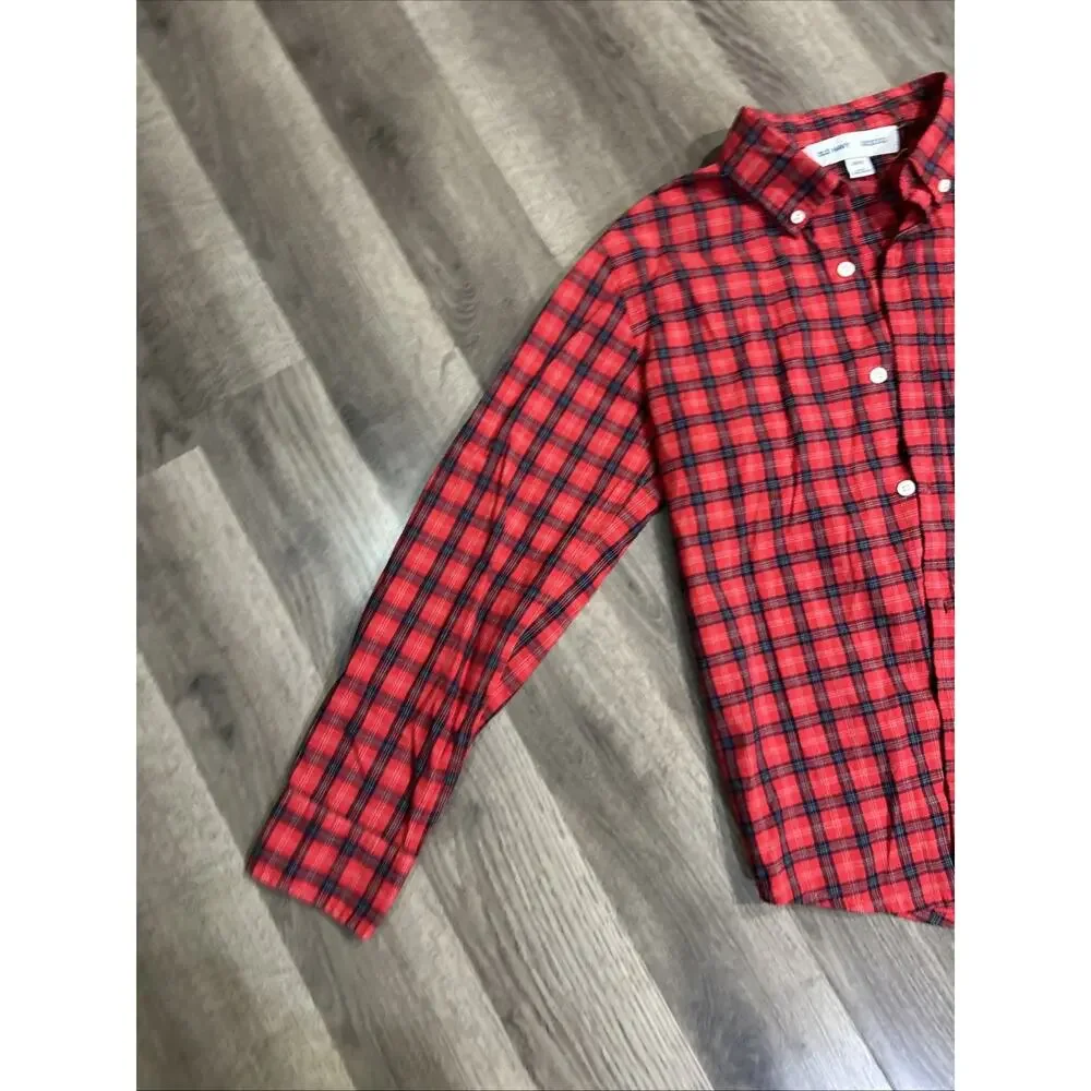 New Old Navy YL 10/12 Red Plaid Button Up Long Sleeve